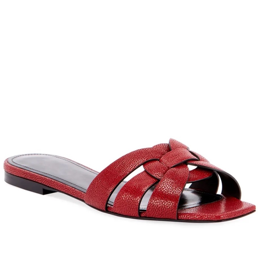 Saint Laurent Tribute Flat Crackled Leather Slide Sandals, 37